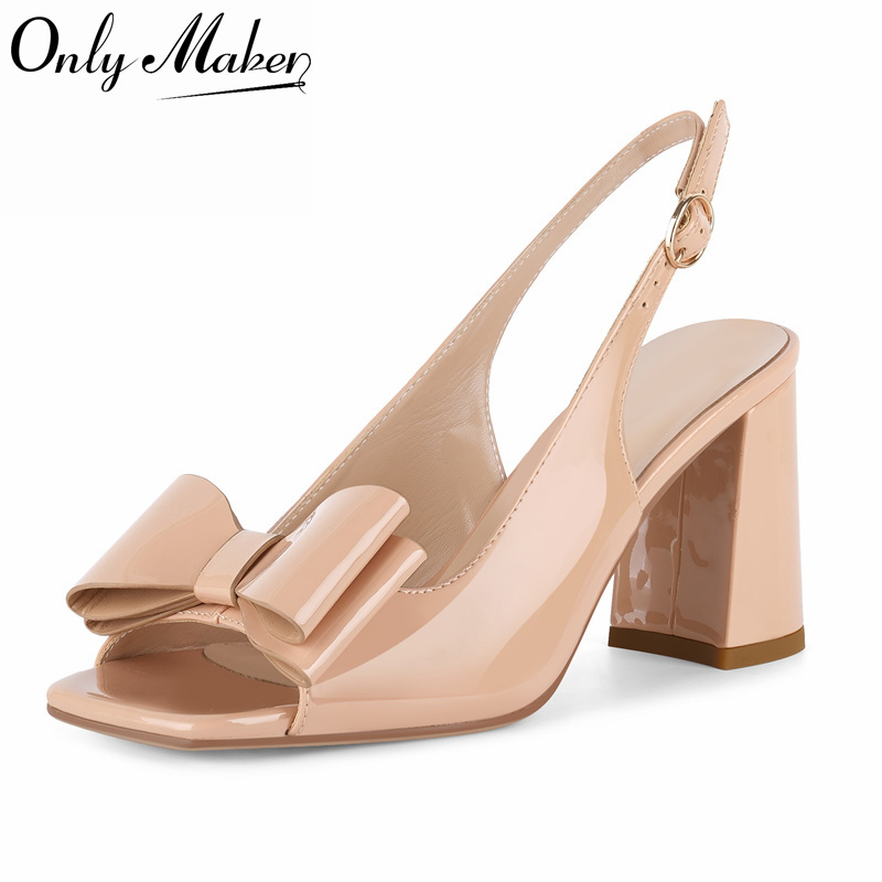 Leather Classic Strap - Onlymaker Women Square Toe Bow Slingback